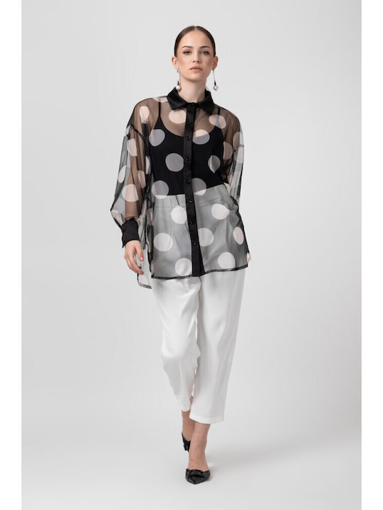 Women's Satin Polka Dot Long Sleeve Shirt Black