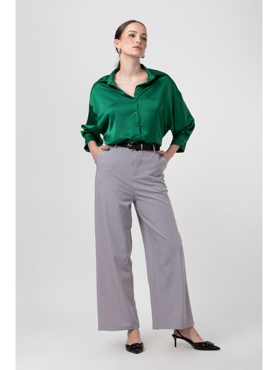 Μακρυμάνικο Γυναικείο Σατέν Πουκάμισο Black, Green Μονόχρωμο