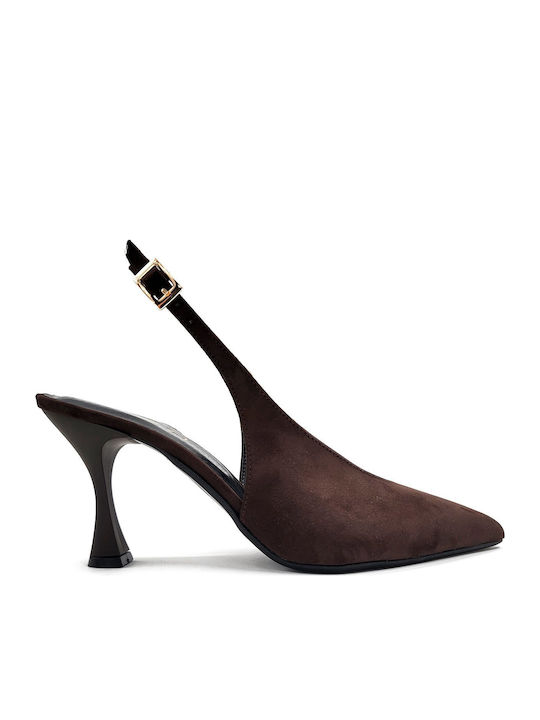 Suede Pointed Toe Brown Heels with Strap Women's