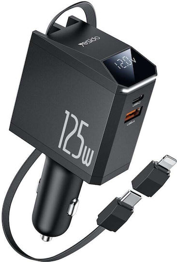 Yesido Car Charger 125W With Ports 1xUSB-A 1xType-C With Type-C Lightning Cable Black Colour