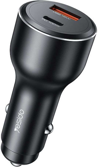 Yesido Car Charger 100W Fast Charging With Ports 1xUSB-A 1xType-C Black Colour