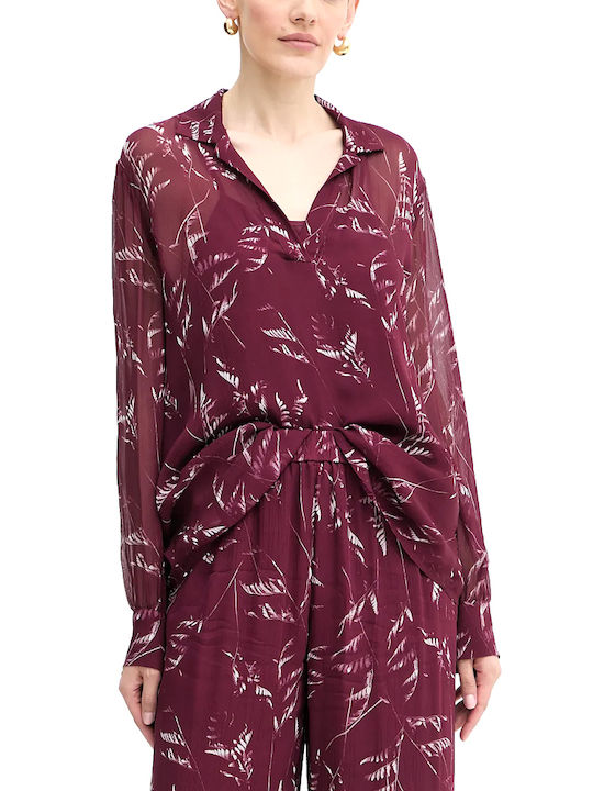 Women's Blouse Long Sleeve with V Neckline Floral Λευκό-μπορντώ