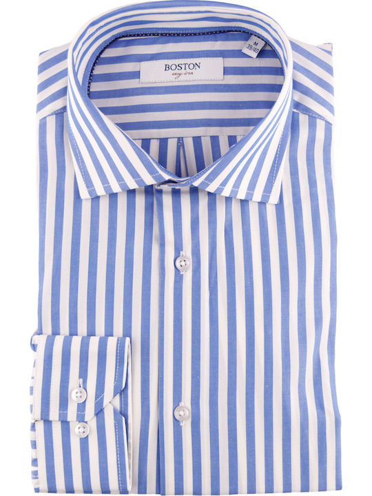 Long-sleeved Cotton Shirt Striped Light Blue