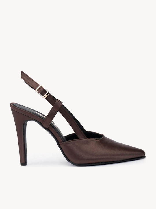 Καφέ Slingback Γόβες Σατέν Υφή Τακούνι