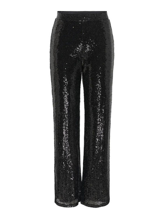 Damen Stoff Hose mit Gummizug in Lockere Passform Schwarz mit Pailletten