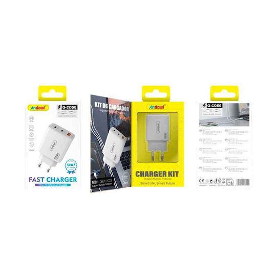 Andowl Φορτιστής με Θύρα USB-A και 2 Θύρες USB-C και Καλώδιο USB-C - USB-C 65W Power Delivery / Quick Charge 3.0 Λευκός (Q-CD50)