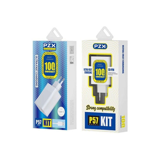 PZX Φορτιστής με Θύρα USB-A και Θύρα USB-C και Καλώδιο USB-C 100W Λευκός (P57)