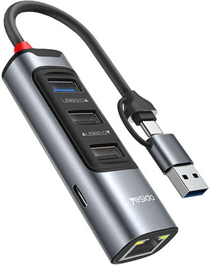 Yesido HB21 Hub 4 Ports USB 3.0 with USB-A / USB-C / Ethernet Connection Gray
