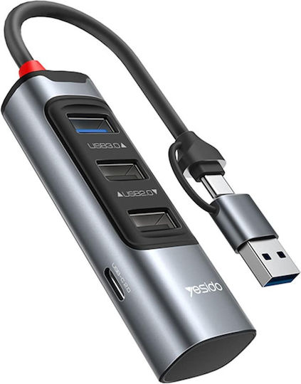 Yesido HB19 USB 3.0 Hub 4 Anschlüsse mit USB-A / USB-C Verbindung Gray