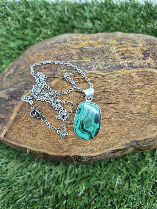 Silver Plated Malachite Necklace Balance & Protection – Steel Chain 25 Cm