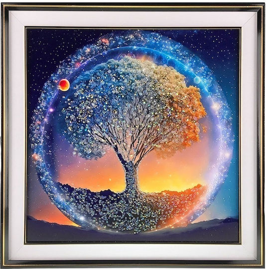 Großes Abstraktes Gemälde Mit Glänzendem Effekt Kosmischer Baum In Einen Goldenen Rahmen 72x72 cm