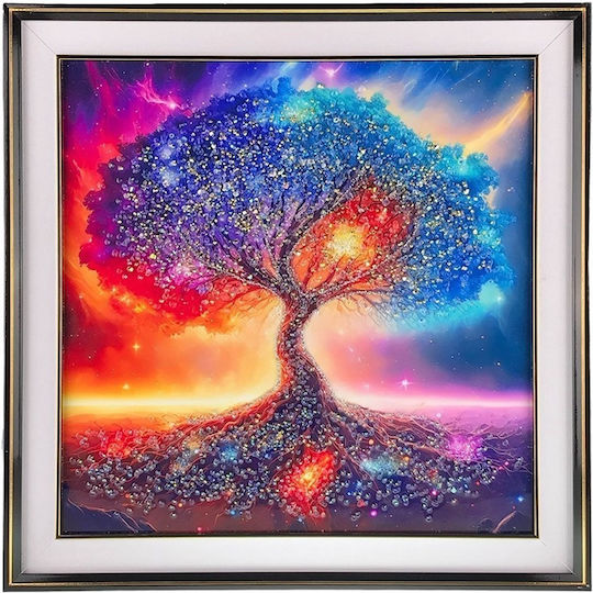 Pictură Abstractă Mare Efect Strălucitor Simfonie Cromatică În Cadru Auriu 72x72 Cm