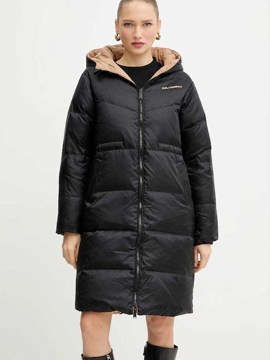 Lang Damen Puffer Jacke Wendbar für Winter Black/Beige