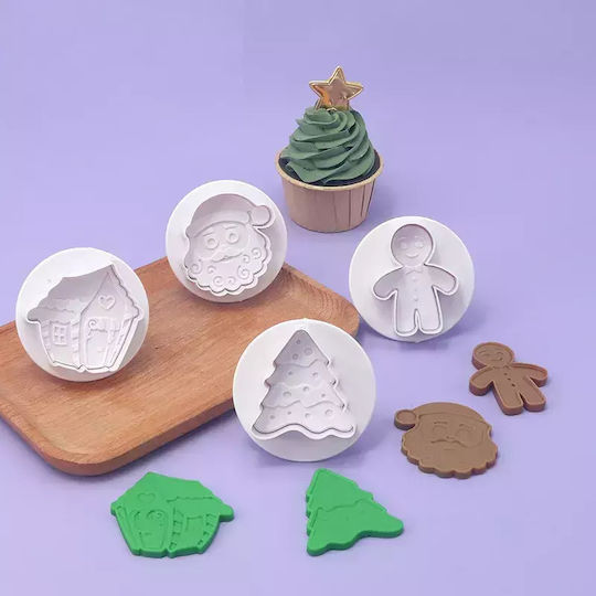 Christmas Set Cookie Cutter Plunger 4 Pieces Round