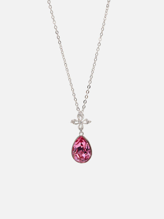 Chrysothemiss Women’s Necklace Roselle Drop Rhodium Plated Cross & Pink Crystal Drop Shape
