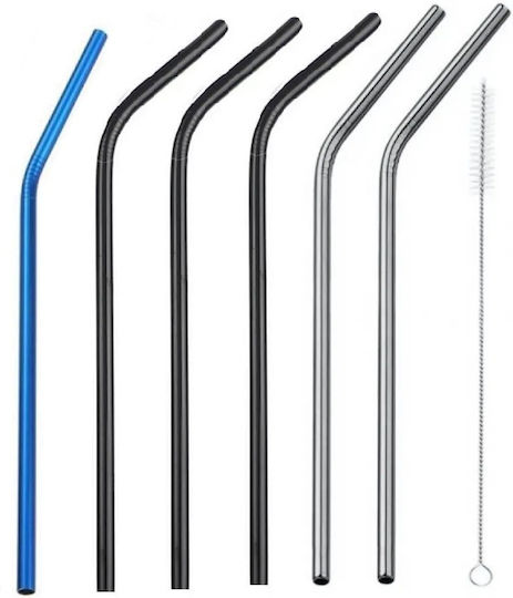 6 Paie de Băut Metalice Îndoite 20.5cm Diverse Culori 1 Periuță de Curățare
