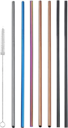 7 Paie de Băut Metalice Drepte 21.5cm Diverse Culori 1 Periuță de Curățare