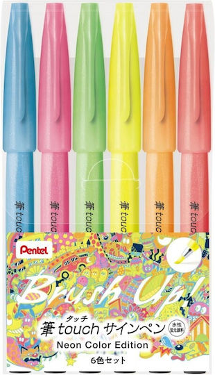Pentel Brush Touch Sign Pen Set 6 Neon Colors Ses15c-lm6ste 4902506423221