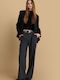 Women's Fabric Trousers with Elastic Striped Gray