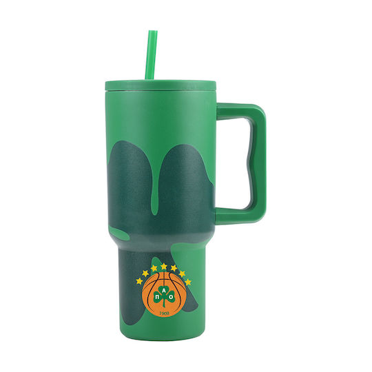 Estia Straw Tumbler XL Save the Aegean Recyclable Handled Tumbler Thermos Stainless Steel BPA Free 900ml Panathinaikos BC Edition with Straw and Handle