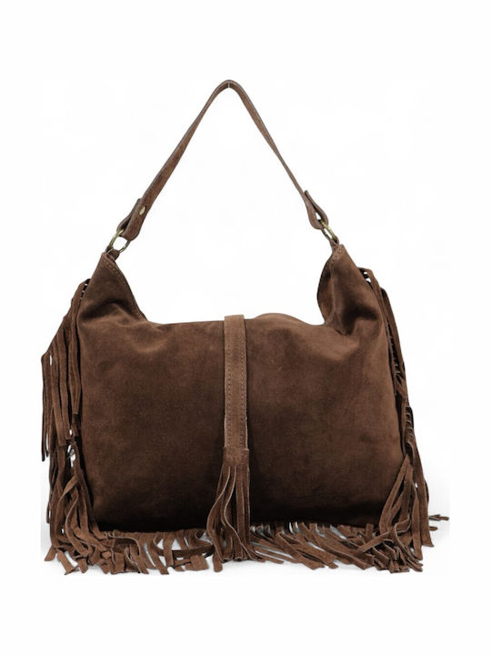 Leather Women's Suede Shoulder Bag with Fringes Dark Brown