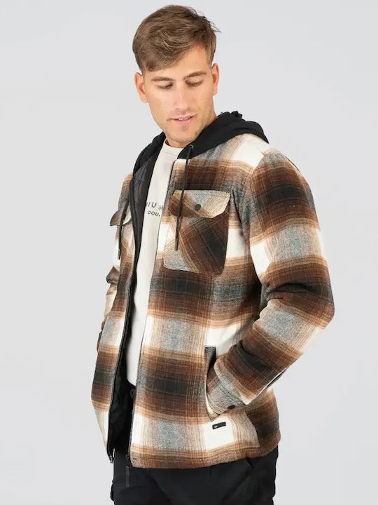Long Sleeve Overshirt in Regular Fit Checked Black Dark Camel