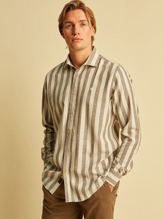 Long-sleeved Flannel Shirt Striped Khaki
