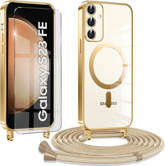 Erbord Electro Umschlag Rückseite Silikon 0.3mm mit Band Set mit Glas Gold (Galaxy S23 FE)