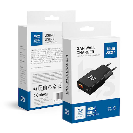 Blue Star Charger Without Cable GaN with USB-A Port and USB-C Port 25W Power Delivery / Quick Charge 4.0 Blacks (TFK-SC-25WAC)