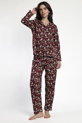 Disney Winter Women's Pyjama Set Burgundy Minnie Mouse
