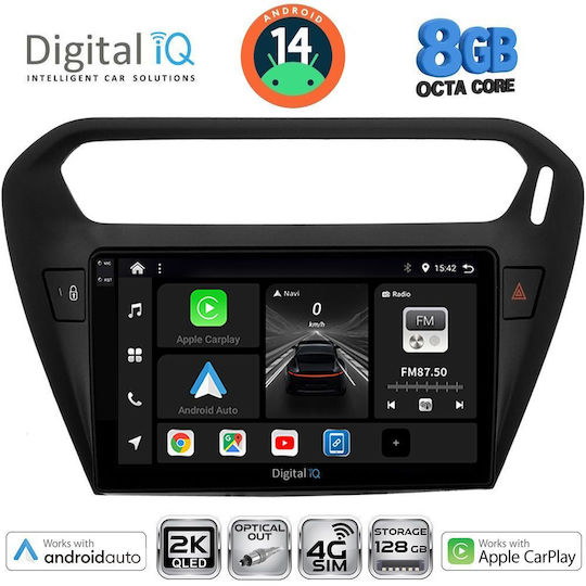 Digital IQ Car Audio System for Peugeot 301 Citroen C-Elysee 2013 (Bluetooth/USB/AUX/WiFi/GPS/Apple-Carplay/Android-Auto) with Touch Screen 9"