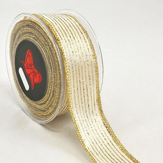 Κορδέλα Striped Glitter Εκρού – Χρυσή – 6.7cm X 9m 229.001.0335.23