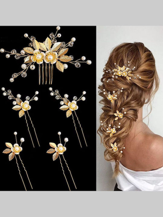 Bridal Hairpin Comb Set Pearls Leaves Gold or Silver Sybil