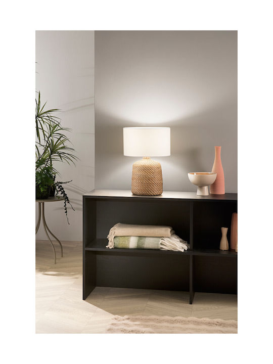 Fan Europe Wood Table Lamp LED with White Shade and Beige Base
