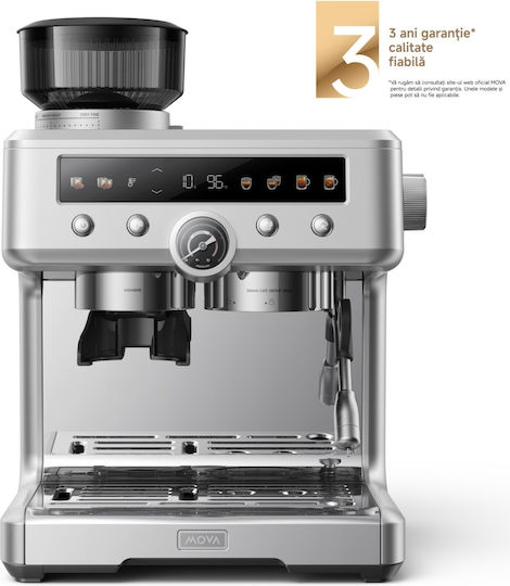 Mova Αυτόματη Μηχανή Espresso 2650W Πίεσης 20bar με Μύλο Άλεσης Ασημί