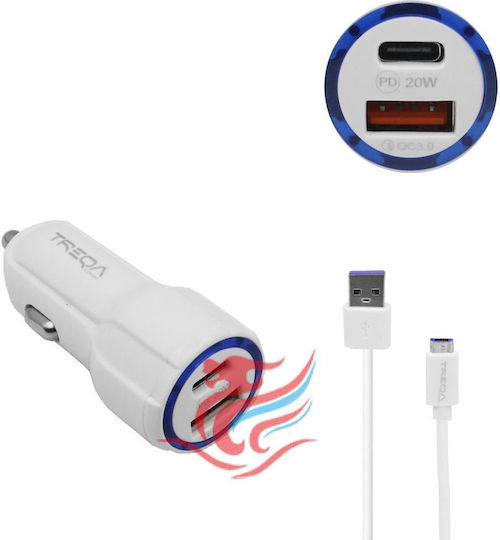 Auto-Ladegerät Schnellladung mit Anschlüssen: 1xUSB 1xType-C mit Kabel Mikro-USB Weiß Farbe