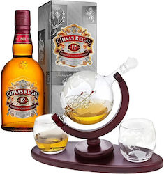 Pachet De Băuturi Chivas Regal 12 Ani 40% 0,5l Set Decantor Două Pahare Design Glob Pământesc Suport Din Lemn Tavă 850 Ml