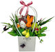 Coș Cadou Paște Iepuraș Decorațiune 3 Ouă Decorative Trandafiri Handmade Plante Verzi Praline Mon Chery 52.5g Kinder Bueno 43g Praline Raffaello 80g Kit Kat 40g