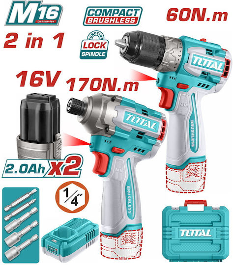 Total TOSLI240968 Σετ Δραπανοκατσάβιδο & Παλμικό Κατσαβίδι Brushless 16V με 2 Μπαταρίες 2Ah και Θήκη