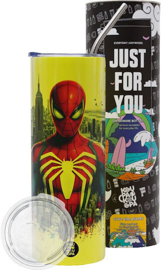 Spiderman City Neon Yellow Travel Thermos Stainless Steel 304 Food Grade with Straw