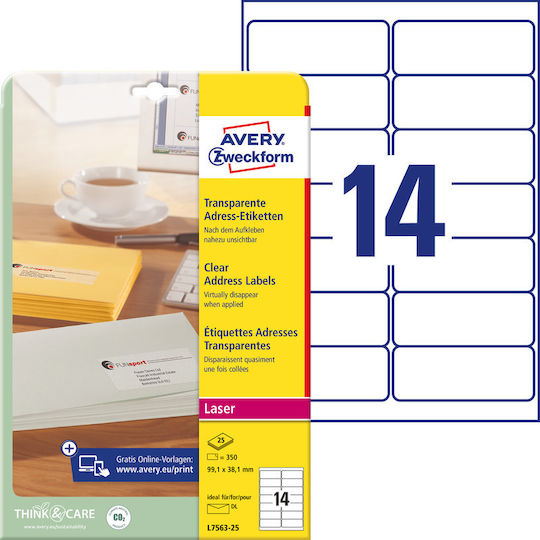 Avery Zweckform Transparent Inkjet Self-Adhesive A4 Labels 99.1x38.1mm 25 Sheets L7563-25