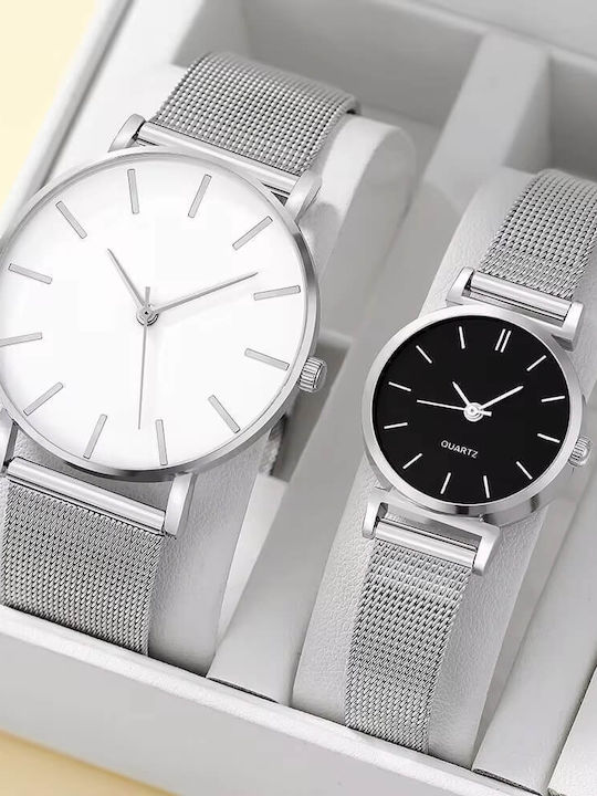 Set Womens Battery Watch With Silver Metal Bracelet