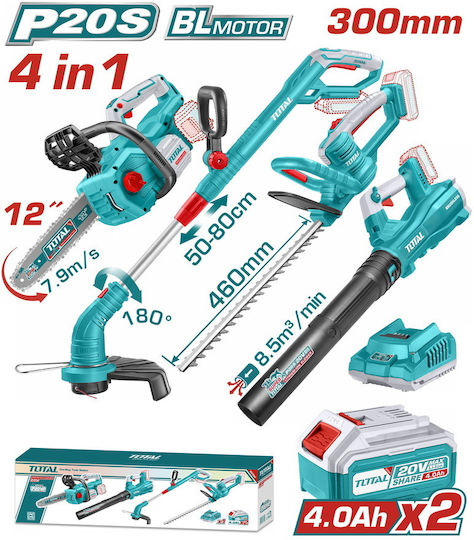 Total TOSLI250496E Set Kettensäge & Heckenschere & Gebläse & Grasschneider Brushless 20V mit 2 Batterien 4Ah
