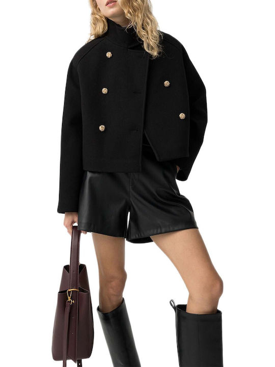 Women's Black Peacoat with Buttons