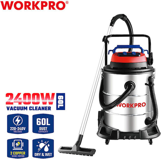 WorkPro Wp423008 Staubsauger Flüssigkeiten / Feststoffe 2400W mit Edelstahl Behälter 60Es