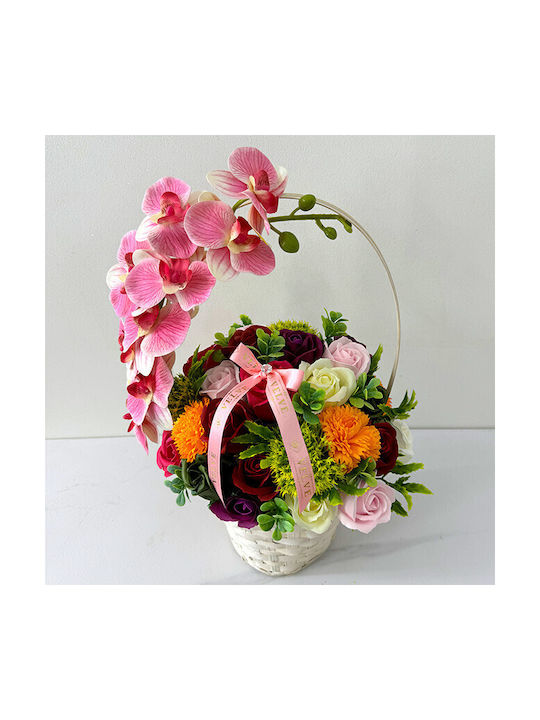Coș Aniversar Colecție Florală Orhidee Plante Artizanale Săpun Trandafiri Crizanteme Decorate Cristal Fundiță Roz