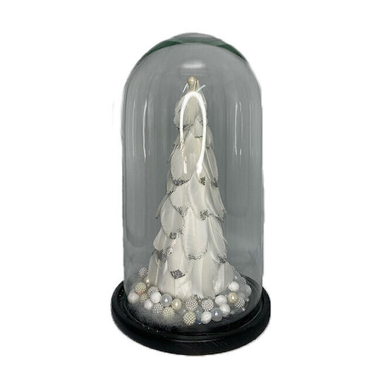 Christmas Decoration Small Christmas Tree Decorated White Silver Feathers In Glass Dome Ø 18 Cm X 32 H White
