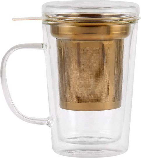 Vialli Design Mug Glass with Lid Gold 300ml