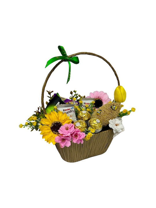 Coș Delice Praline Ferrero Rocher Joe Motto Wafer Kinder Country Bare Ciocolată Flori Artificiale Decorative Maro