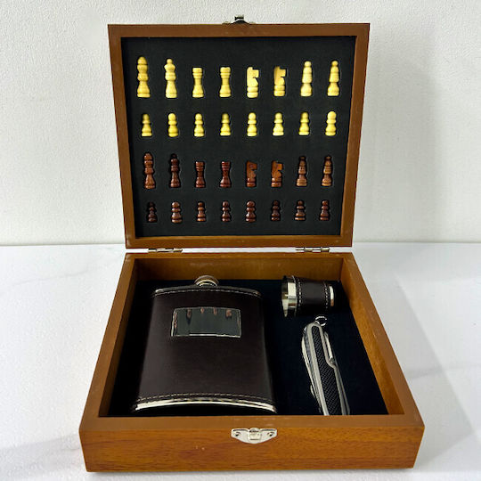 Set Cadou pentru Bărbați Vlv Cutie Piese de Șah Tirbușon Sticlă de Băut Pahar Acoperit cu Piele Ecologică Maro Închis 20x18x6cm